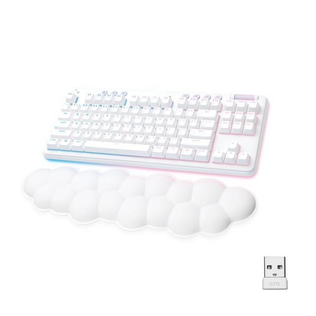 Безжична геймърска механична клавиатура Logitech G G715, TKL, Tactile, RGB LED, US Layout, бяла 