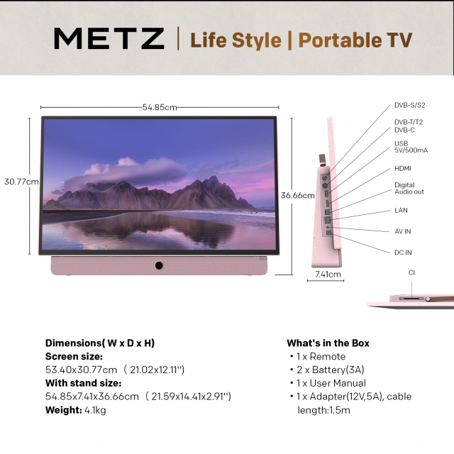 METZ Портативен телевизор 24MPE7300Z 24" LED FHD(1920x1080) GoogleTV, HDR10, розов 