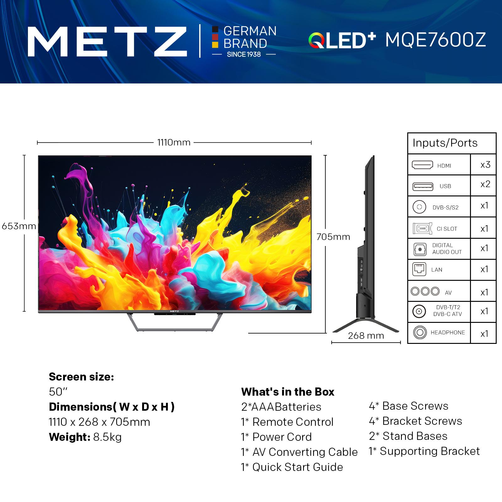 Телевизор METZ 50MQE7600Z, 50"(126 см), QLED+,Anti-Glare Google TV, 4K/UHD, 60Hz