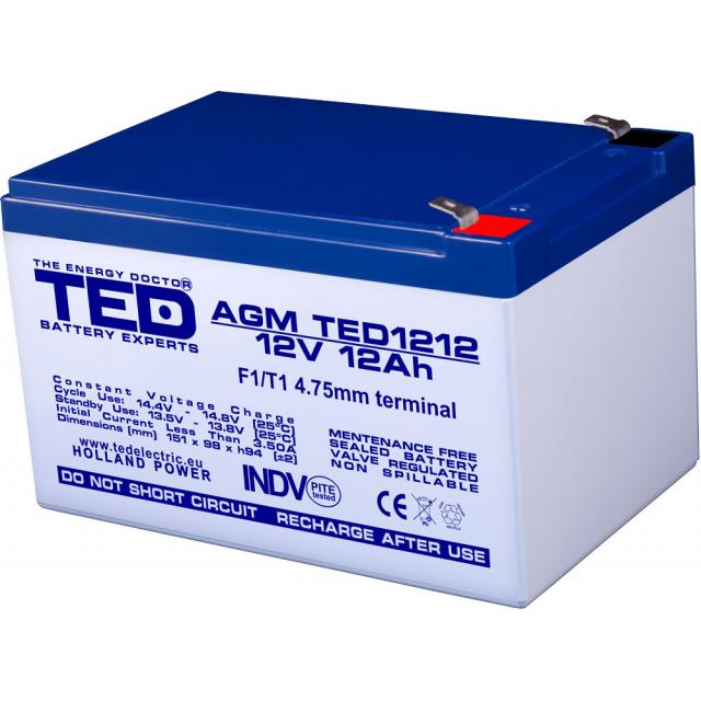 Оловна Батерия TED ELECTRIC, 12V, 12Ah, 152/ 98/ 96 mm, AGM