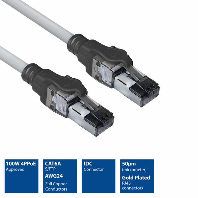 ACT Grey 3 meters S/FTP CAT6A IDC 4PPoE / PoE++ 100W LSZH 