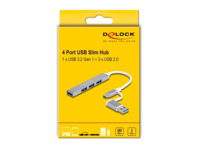 Delock 4 Port Slim USB Hub with USB-C or USB-A to 3 x USB-A 2.0 female + 1 x USB-A 5 Gbps female 