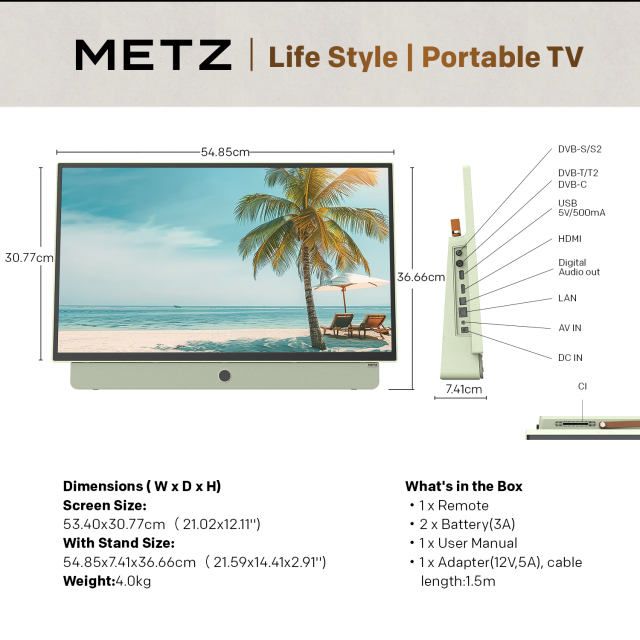 METZ Портативен телевизор 24MPE7200Z 24" LED FHD(1920x1080) GoogleTV, HDR10, зелен 
