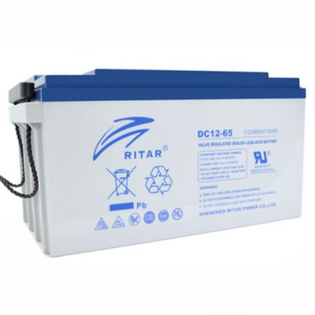 Оловна AGM Deep cycle  батерия RITAR (DC12-65), 12V, 65Ah, 350 / 167 /182 mm  F5/M8 / F11/M6, За соларни системи 