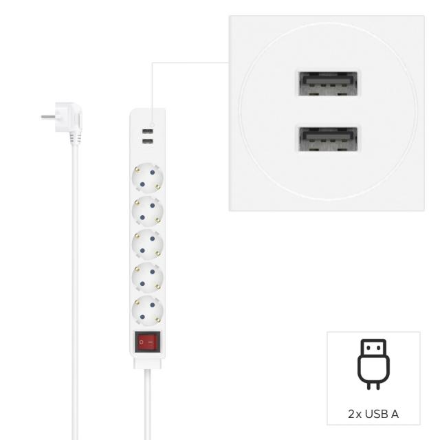 Разклонител HAMA USB 3.4A, 5 гнезда, 2x USB, 3400mA, 223183 