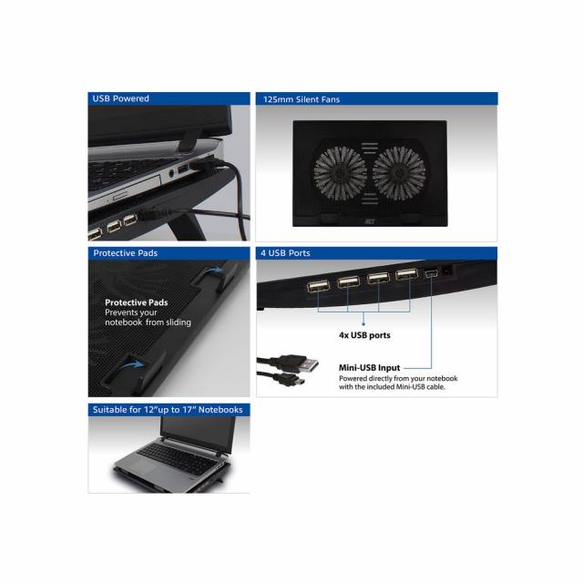 Laptop cooling stand, up to 17", adjustable height (2 positions), 4-port hub 