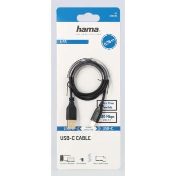Hama Flexi-Slim Charging/Data Cable, USB Type-C - USB 2.0, 0.75 m, black 