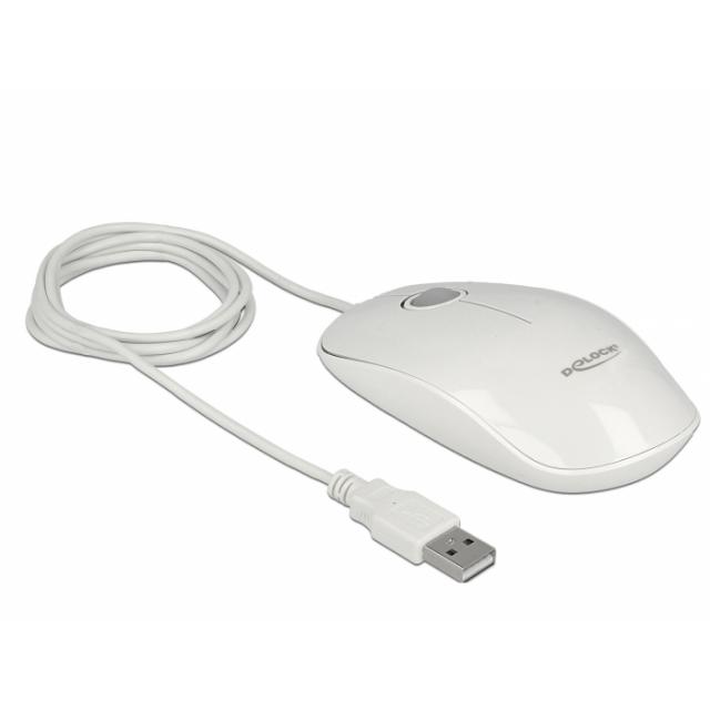 Оптична мишка DeLock, USB-A, LED, Кабел 1.3 м, USB, 1200 dpi, Бял
