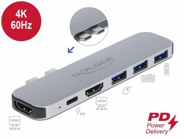Докинг станция Delock, За MacBook, HDMI 4K, USB-A, USB-C, PD, Сива 
