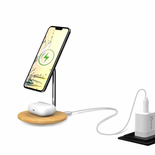 j5create Wood Grain 2-in-1 Magnetic Wireless Charging Stand 