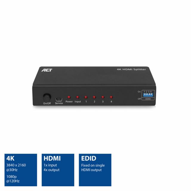 HDMI Сплитер ACT AC7831, 1 вход 4 изхода., 4K, Черен 