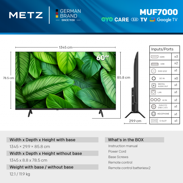 METZ TV 60" 60MUF7000Z UHD 4K LED Google TV, Клас E 