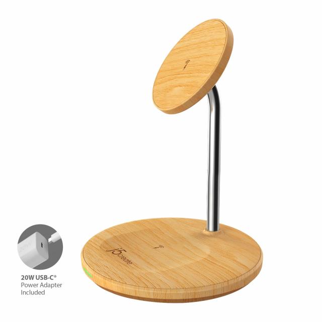 j5create Wood Grain 2-in-1 Magnetic Wireless Charging Stand 