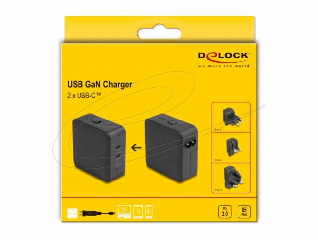 Delock USB GaN Charger 2 x USB Type-C™ PD 3.0 with 65 W including power adapter for EU / US / UK 