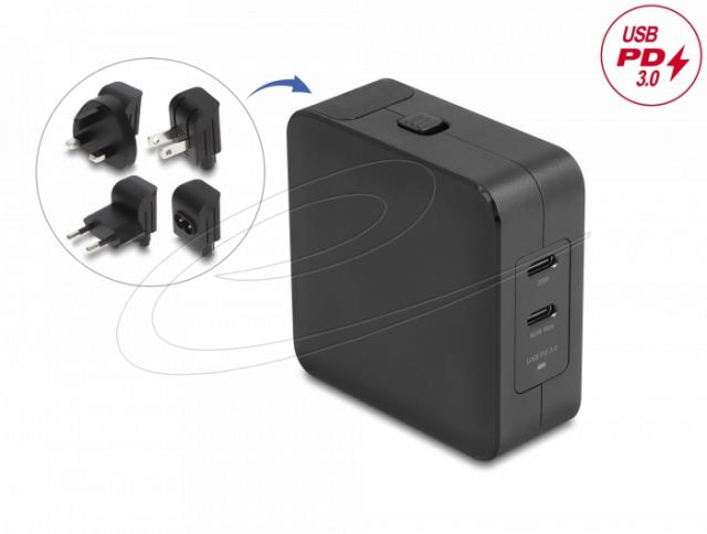 Delock USB GaN Charger 2 x USB Type-C™ PD 3.0 with 65 W including power adapter for EU / US / UK 