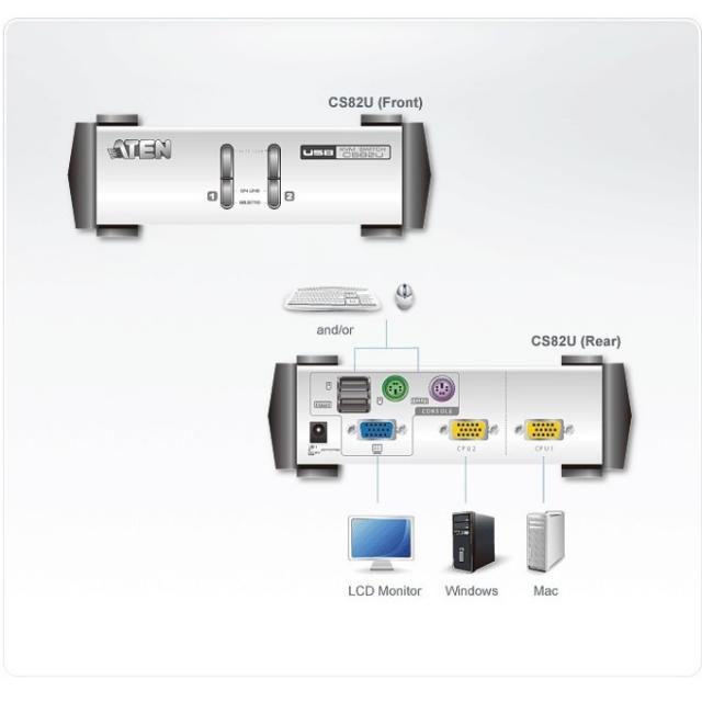 KVMP превключвател, ATEN CS82U, 2-портов, PS/2-USB VGA 