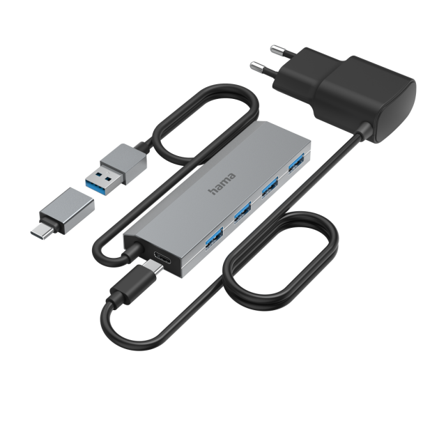 HAMA 4-портов хъб, USB 3.2 Gen 1, 5 Gbit/s, USB-C адаптер, авт. захранване 
