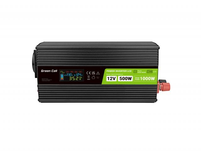 Инвертор GREEN CELL, 12/220V, DC/AC, 500W/1000W INVGC12P500LCD  LCD, Чиста синусоида 