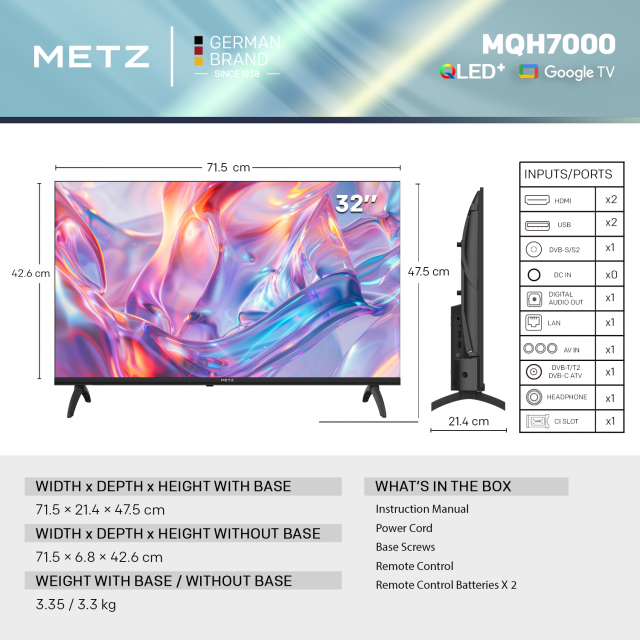 METZ TV 32" 32MQH7000Z HD Ready QLED+ Google TV, Клас E 