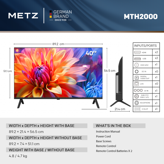 Телевизор METZ 40" 40MTH2020Z FullHD LED, Клас E 