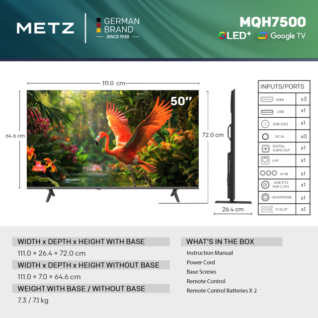 METZ TV 50" 50MQH7500Z UHD 4K QLED+ Google TV, Клас E 