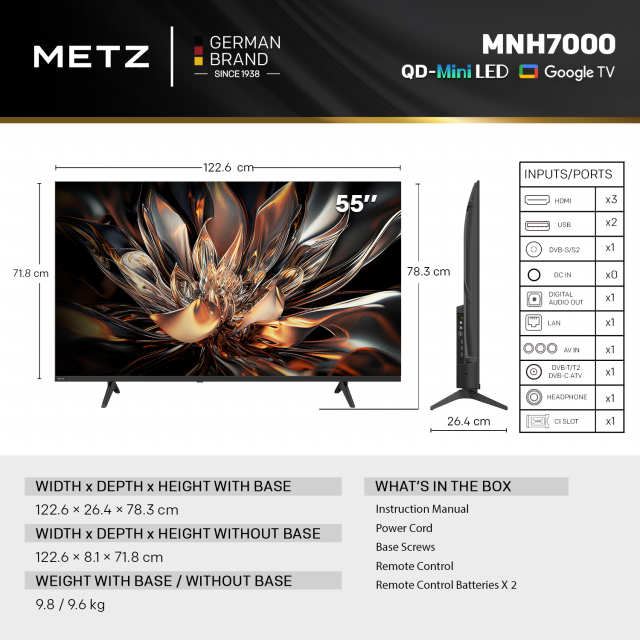 METZ TV 55" 55MNH7000Z UHD 4K QD-Mini LED, Matte Screen Ultra, Google TV, Клас E 
