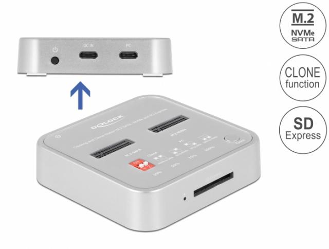 Докинг станция Delock 1 x M.2 NVMe SSD, 1 x M.2 SATA SSD, SD Express Card Reader, Клониране 