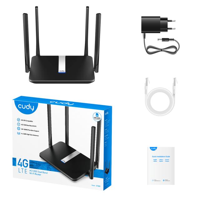 Wireless Router Cudy LT500, 4G LTE AC1200, 2.4/5 GHz, 300 - 867 Mbps, 10/100 