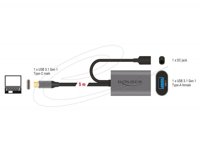 Delock Active extension cable USB-C to USB-A female 5m 