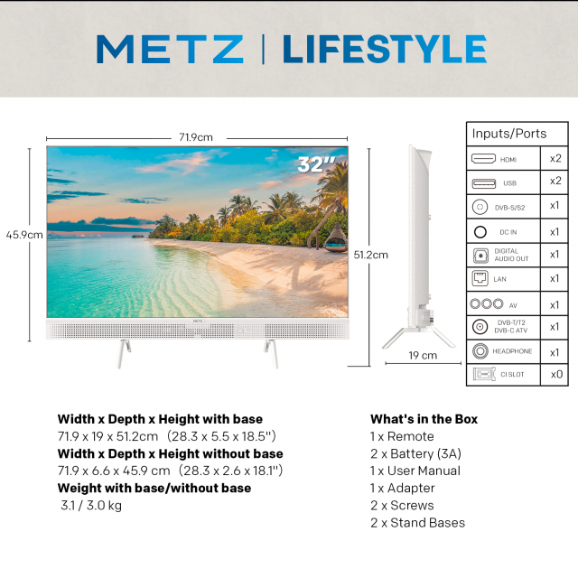Телевизор METZ 32" 32MTE7000Z HD Ready LED, Google TV, Клас E 