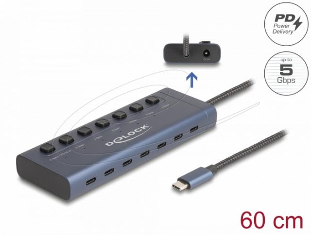 Delock USB Хъб, 7 x USB Type-C, 5 Gbps, 6 x Data USB-C, 1 x PD 20W 