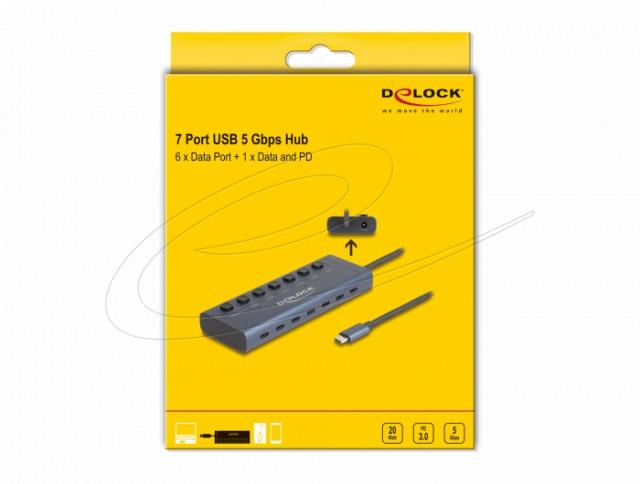 Delock USB Хъб, 7 x USB Type-C, 5 Gbps, 6 x Data USB-C, 1 x PD 20W 