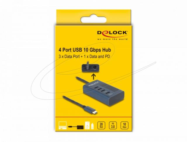 Delock USB Хъб, 4 порта, 10 Gbps, 3 x Data USB-C, 1 x PD 20W 