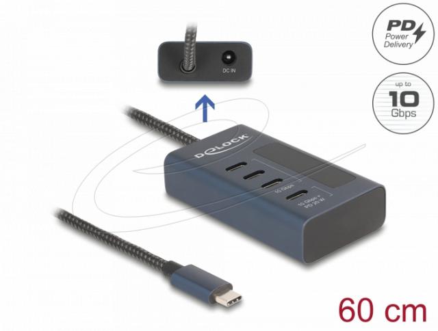 Delock USB Хъб, 4 порта, 10 Gbps, 3 x Data USB-C, 1 x PD 20W 