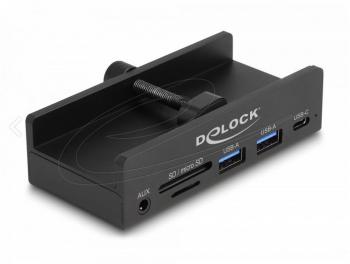 Delock External USB 5 Gbps 3 Port Hub 2 x USB Type-A, 1 x USB Type-C™ and 2 Slot Card Reader with Locking Screw