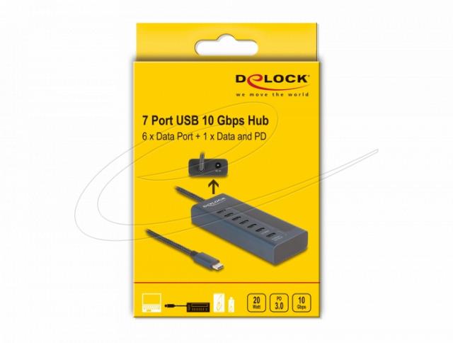 Delock USB Хъб, 7 порта, 10 Gbps, 6 x Data USB-C, 1 x PD 20W 