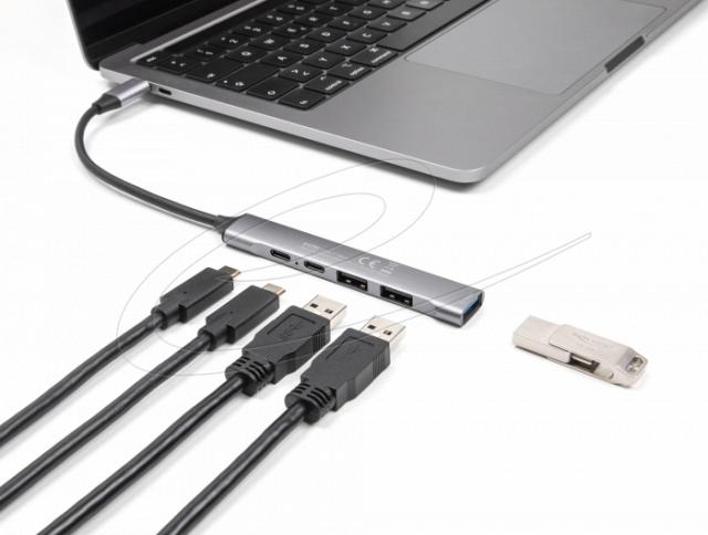 Delock 4 Port Slim USB Type-C™ Hub with 1 x USB 10 Gbps Type-A + 2 x USB 2.0 Type-A + 1 x USB 2.0 USB Type-C™ and PD 95 W 