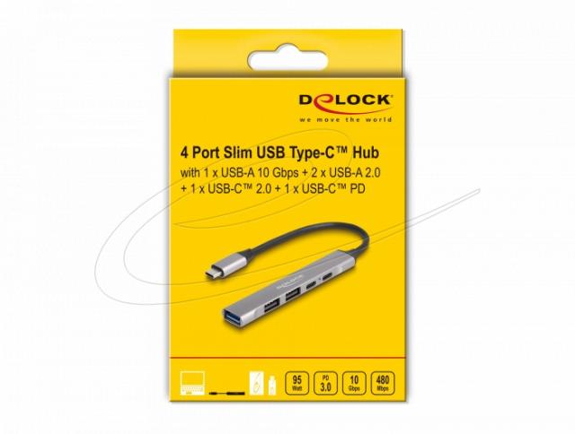 Delock 4 Port Slim USB Type-C™ Hub with 1 x USB 10 Gbps Type-A + 2 x USB 2.0 Type-A + 1 x USB 2.0 USB Type-C™ and PD 95 W 