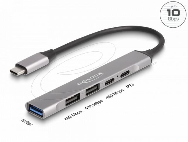 Delock 4 Port Slim USB Type-C™ Hub with 1 x USB 10 Gbps Type-A + 2 x USB 2.0 Type-A + 1 x USB 2.0 USB Type-C™ and PD 95 W 