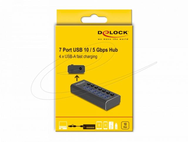 Delock USB Хъб, 7 портa, 10 Gbps, 6 x USB-A, 1 x USB-C 