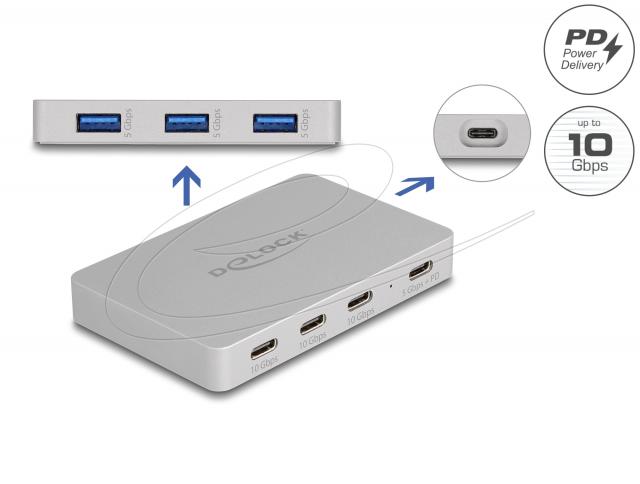 Delock Хъб USB-C, 7 порта, 3x USB-A 5 Gbps,  3x USB-C, 1xUSB-C PD 85 W 