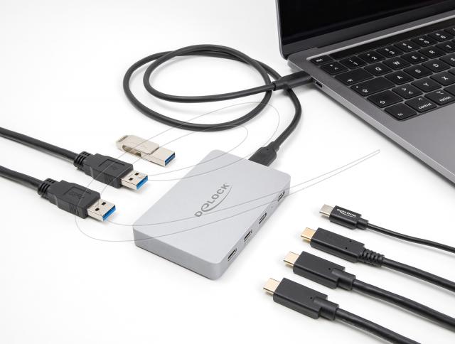 Delock Хъб USB-C, 7 порта, 3x USB-A 5 Gbps,  3x USB-C, 1xUSB-C PD 85 W 