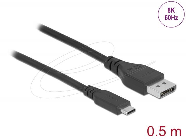 Двупосочен кабел Delock USB Type-C към DisplayPort (DP Alt режим) 8K 60 Hz 0.5m, сертифициран 