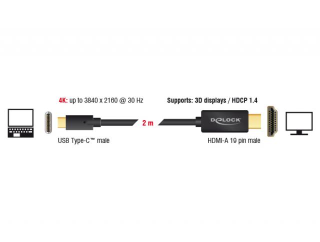 Delock Cable USB Type-C™ male > HDMI male (DP Alt Mode) 4K 30 Hz 2 m black 