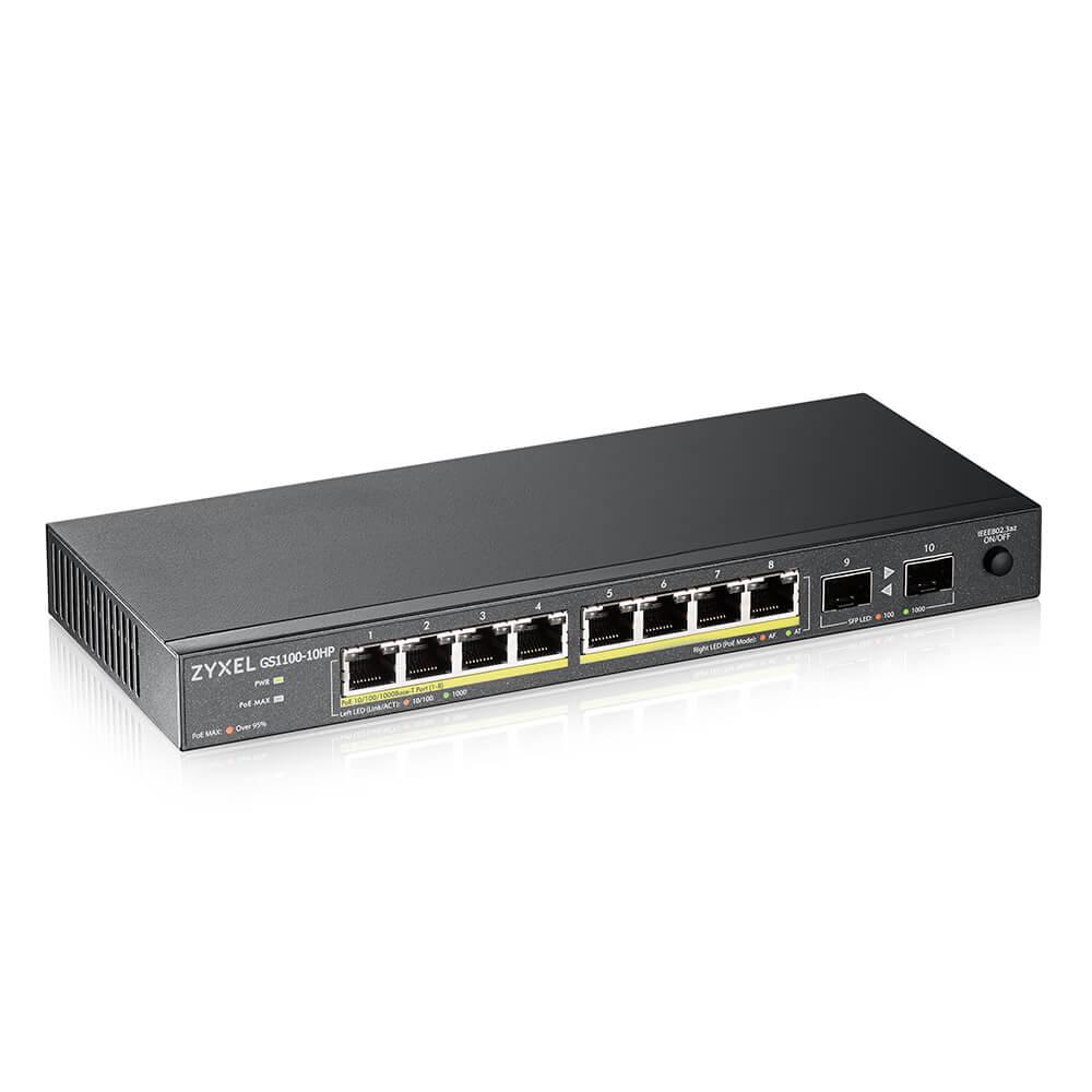 Суич ZYXEL GS1100-10HP, 8-портов, Gigabit, PoE, 2xSFP