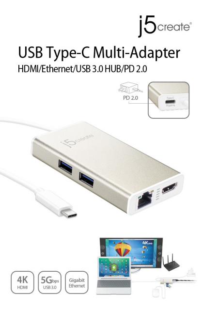Мултипортов USB-C адаптер j5Create JCA374, HDMI, Ethernet, USB 3.0 хъб, PD 2.0 