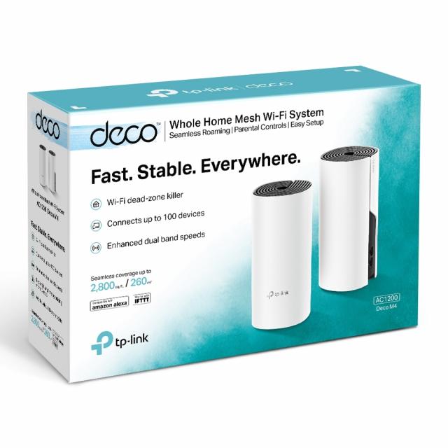 Безжичен рутер TP-Link Deco M4, AC1200, 2.4/5 GHz, 300 -  867 Mbps, Gigabit, 2 бр. в комплект 