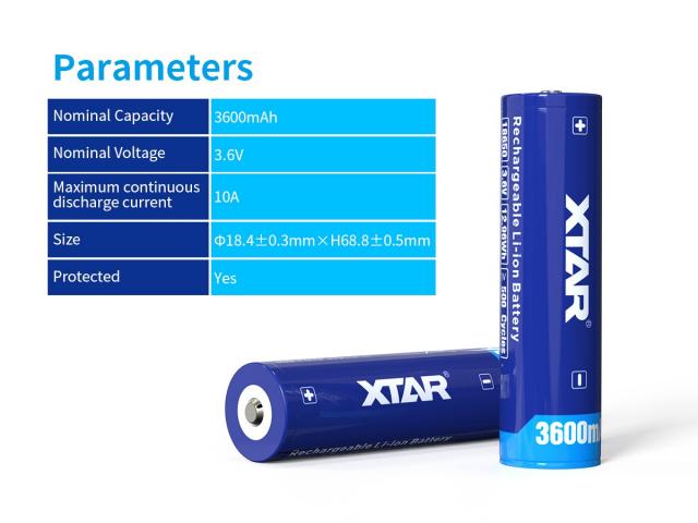 Rechargeable Battery XTAR 18650  for torches with protection, 3600mAh, Li-ion 