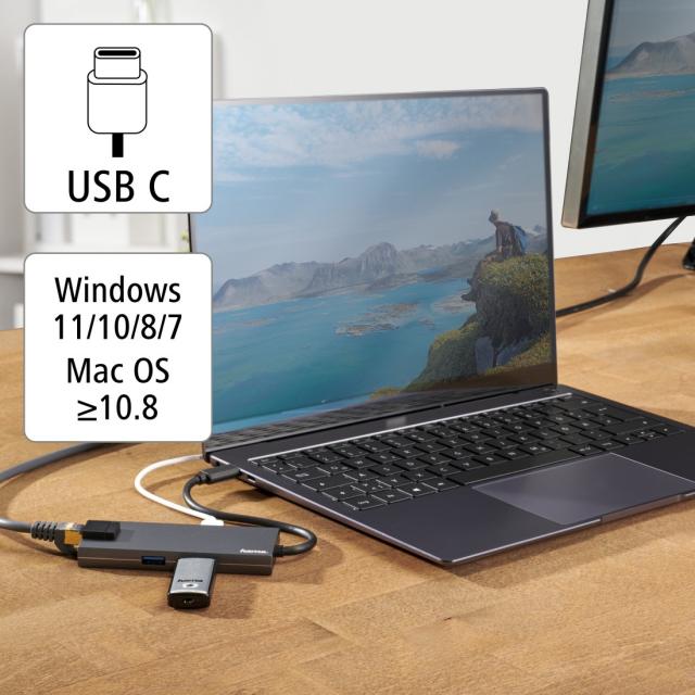 USB-C хъб, 5-портов, 2 x USB-A, 1 x USB-C, 1 x HDMI, 1х LAN, Сив 