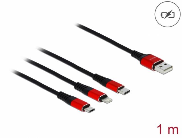 Кабел за зареждане Delock  3 в 1, USB - Lightning/ Micro USB/ USB-C, 1м, Черен/Червен 
